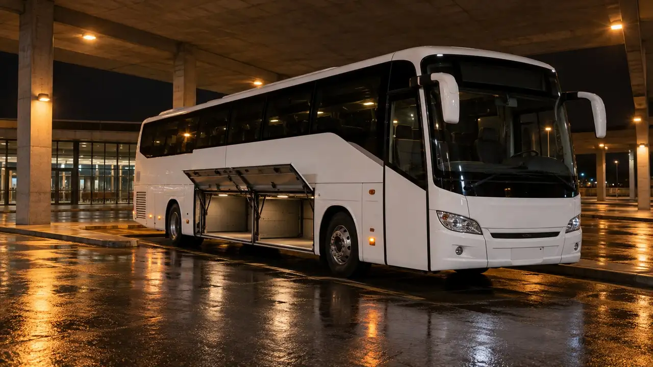 Dálkový autobus stojí v noci u prázdného zastřešeného nástupiště s otevřenými zavazadlovými schránkami