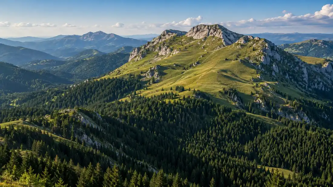 Travnatý hřeben Hajly nad hranicí lesa s tmavým smrkovým porostem na svazích pod ním