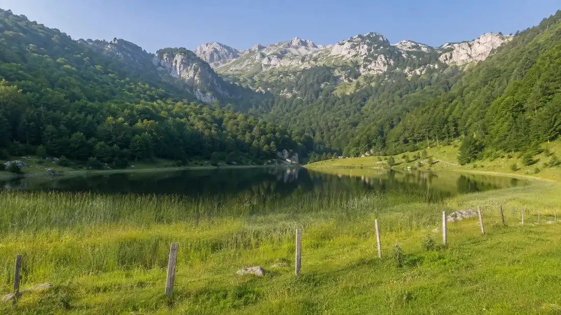 Plavské jezero v zelené kotlině pod štíty Prokletijí na východě Černé Hory