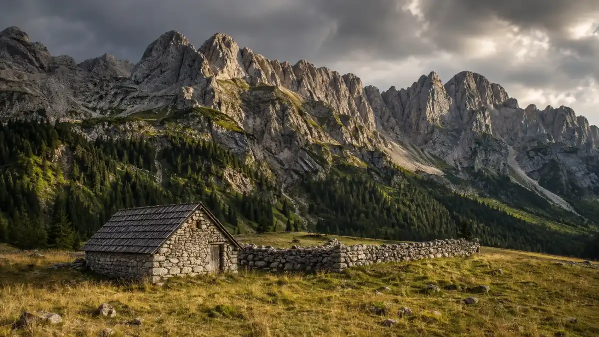 Vápencové štíty Prokletije nad horskou loukou na východě Černé Hory