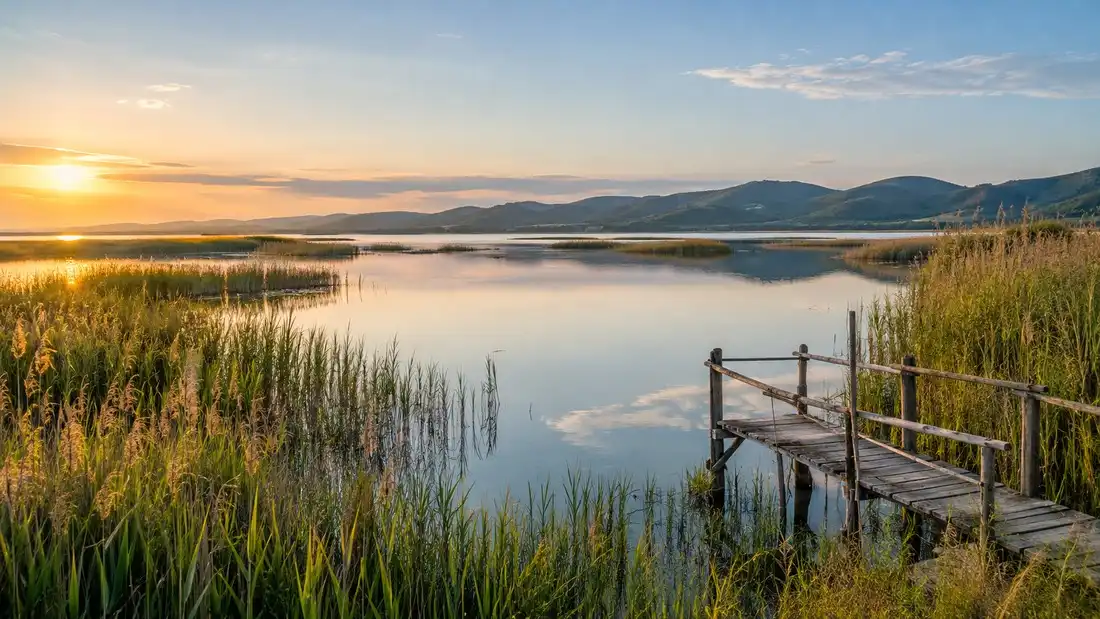 Mělké nížinné jezero v rákosí u ulcinjského pobřeží za ranního světla