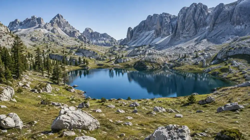 Trnovačko jezero ve tvaru srdce v travnaté kotlině pod vápencovými štíty Maglić a Volujak