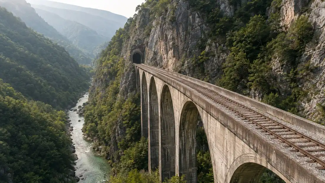 Železniční viadukt nad zeleným údolím v horách Černé Hory