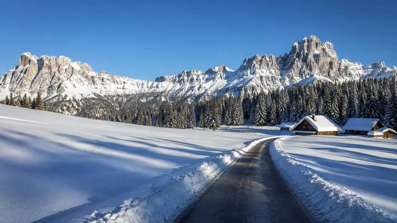 Zasněžená horská planina se sjízdnou silnicí a dřevěnými domy na severu Černé Hory