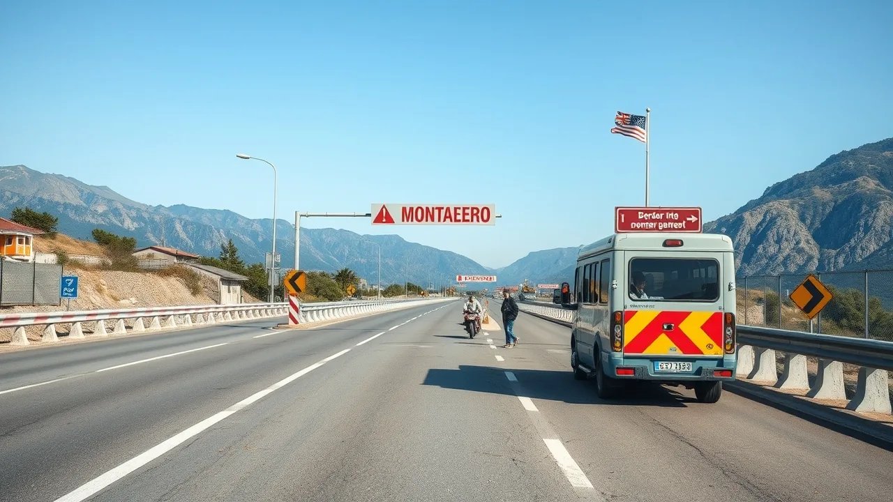 Hraniční přechod na cestě do Černé Hory se závorou a budkou