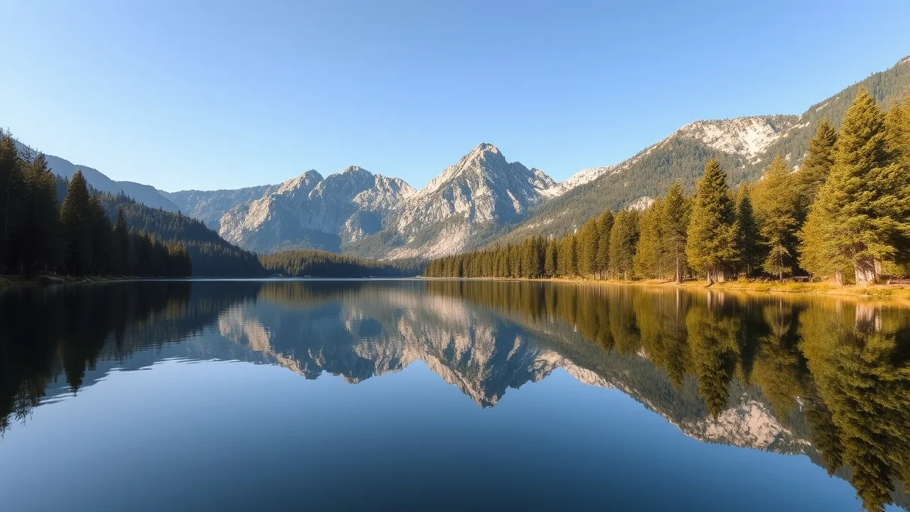 Černé jezero s borovicemi a vrcholy Durmitoru zrcadlícími se ve vodě