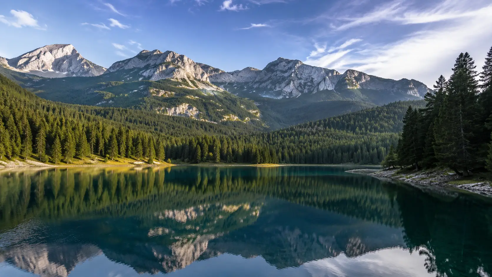Černé jezero v národním parku Durmitor, smrkový les a vápencové štíty