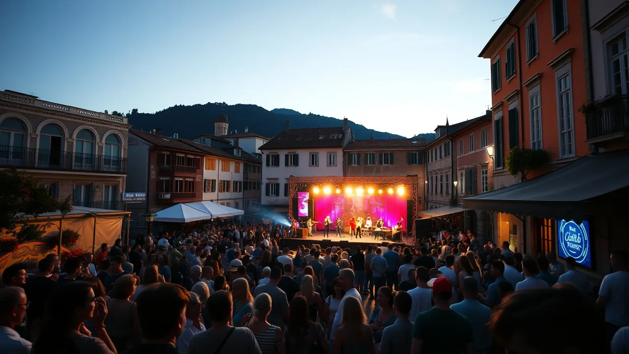 Letní kulturní festival na náměstí černohorského starého města za soumraku