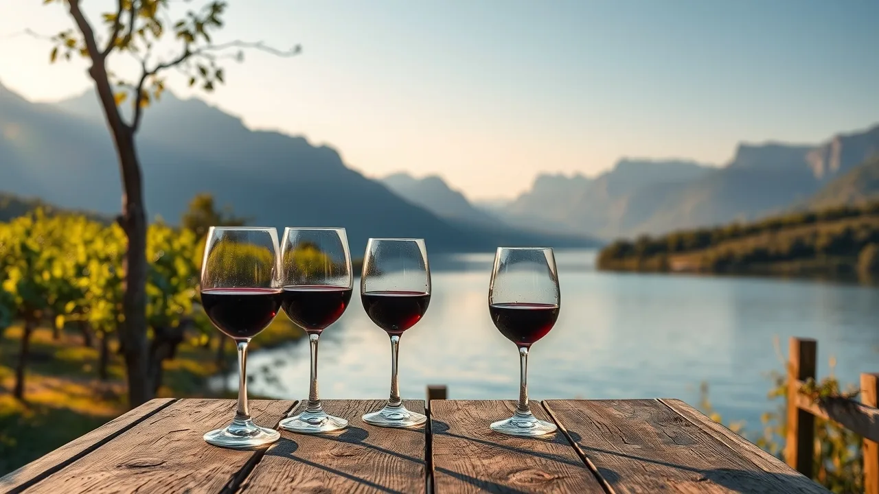 Vinice u Skadarského jezera se sklenkami černohorského vína
