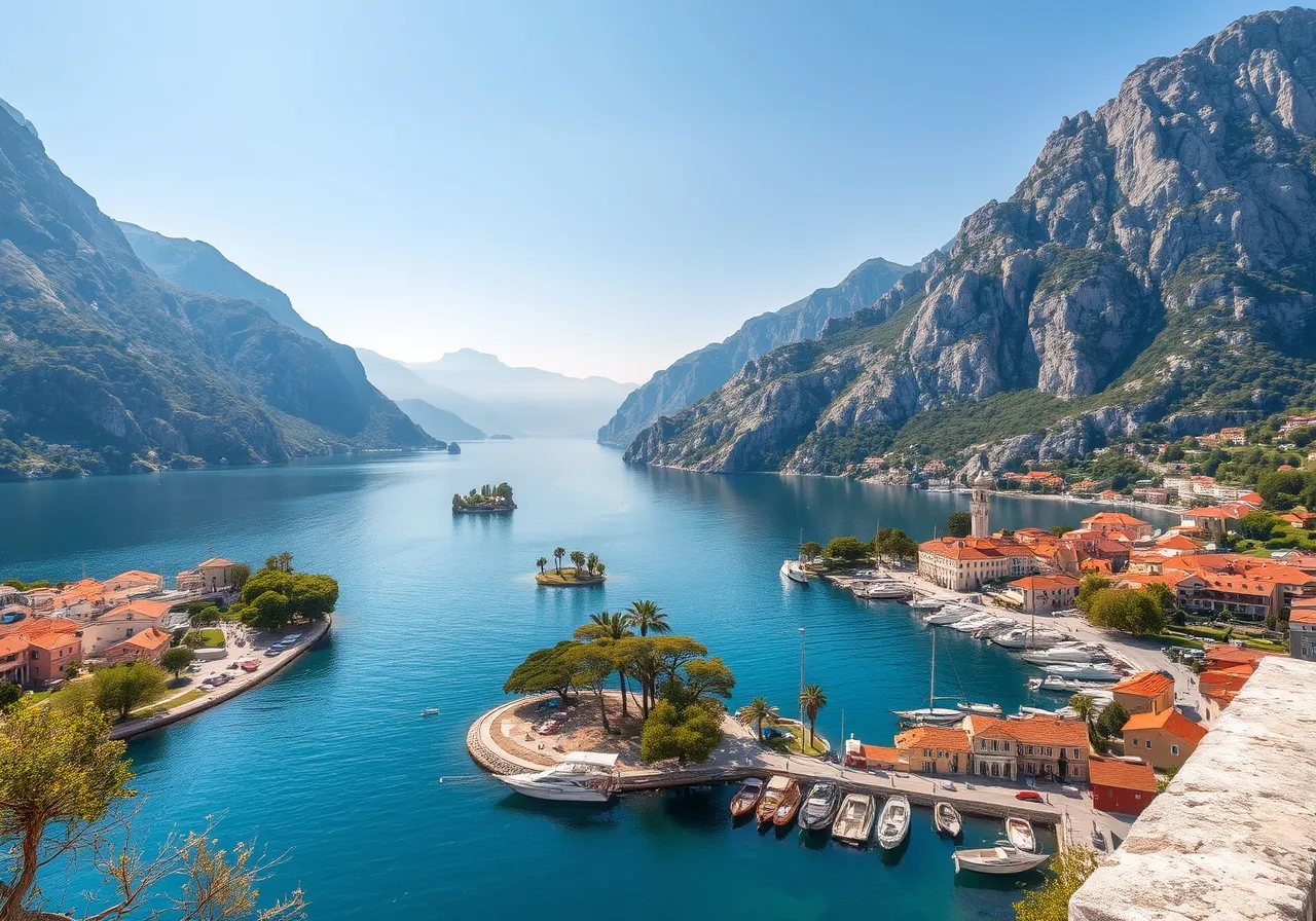 Záliv Boka Kotorská se starým městem Kotor a horami