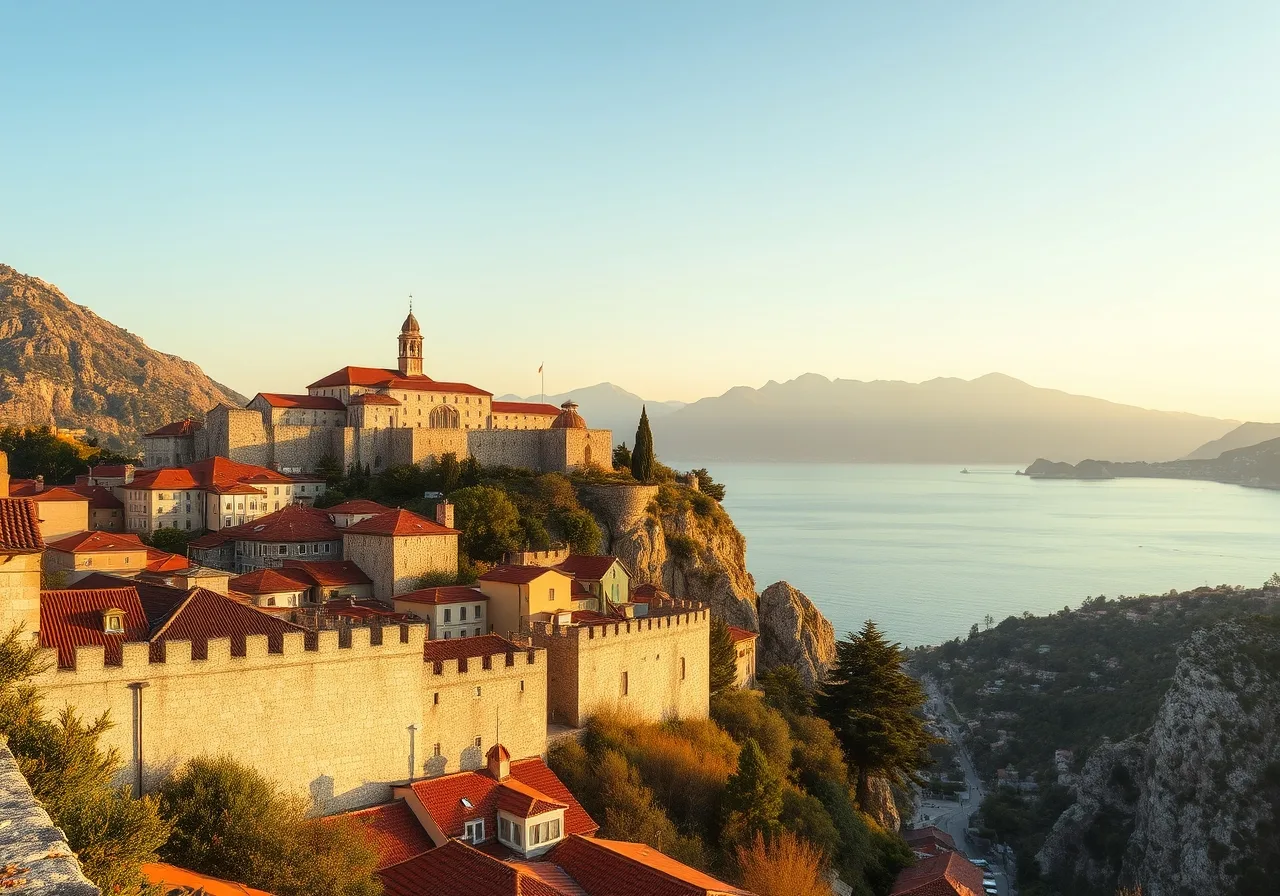 Opevněné staré město Budva se zvonicí kostela a pevností Citadela nad Jadranem