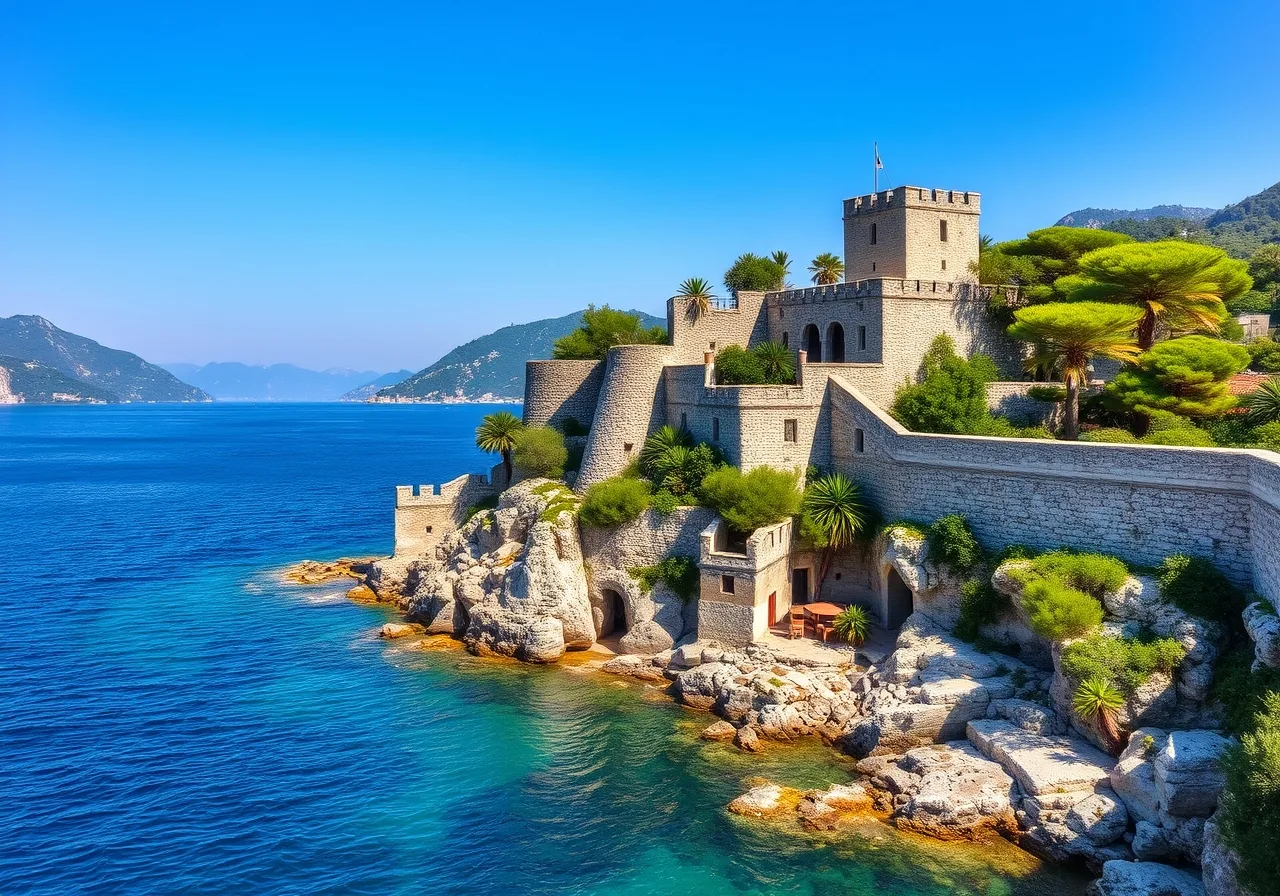 Pevnost Forte Mare v Herceg Novi nad modrým Jadranem, kamenné hradby a věže mezi subtropickou zelení