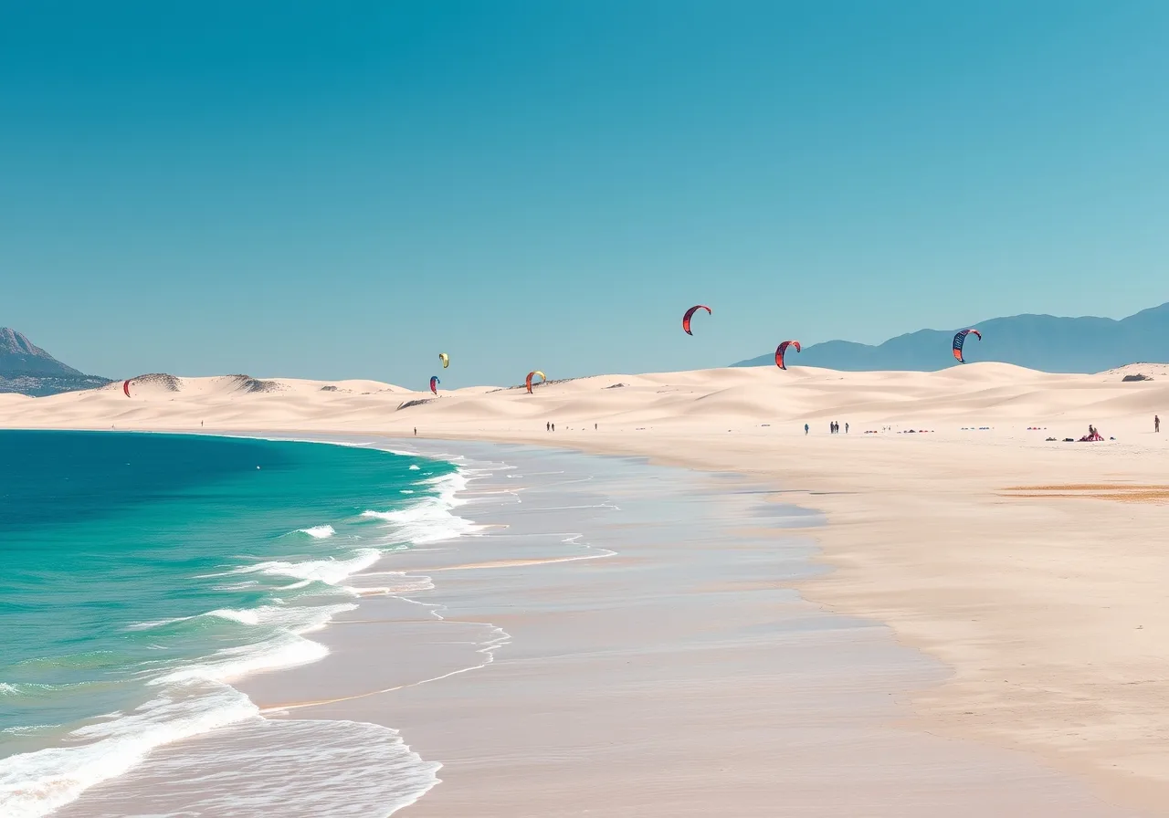 Kitesurfing v Černé Hoře na Velice plaži u Ulcinje, barevní draci nad mělkým mořem
