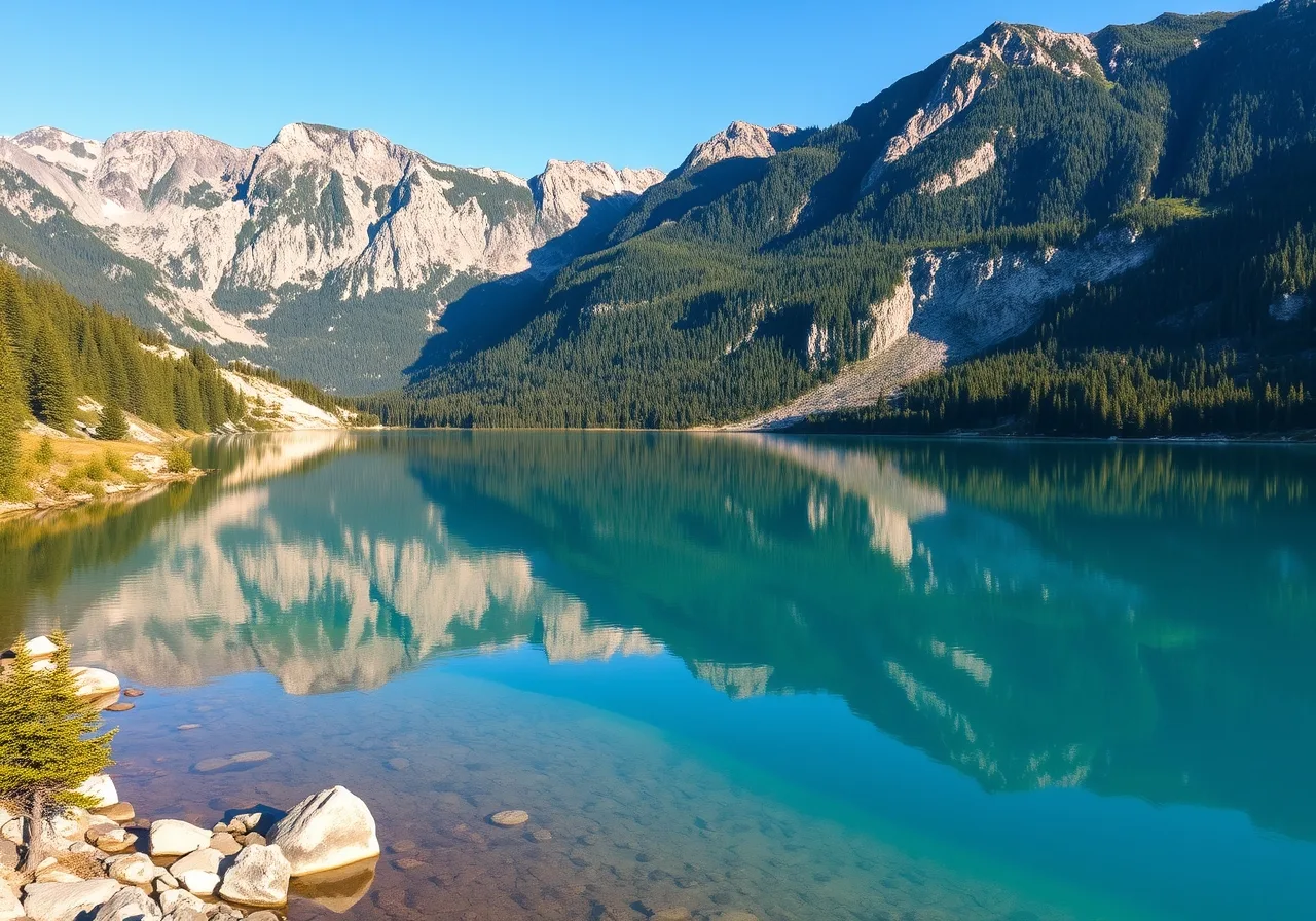 Ledovcové jezero v národním parku Černé Hory obklopené lesem a horami