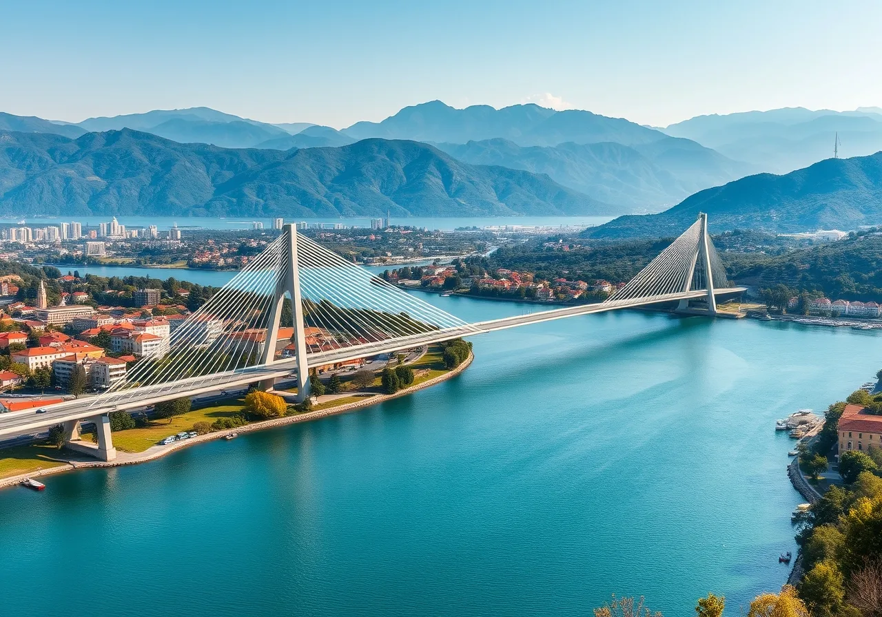 Zavěšený Milénijní most přes řeku Moraču v hlavním městě Podgorica