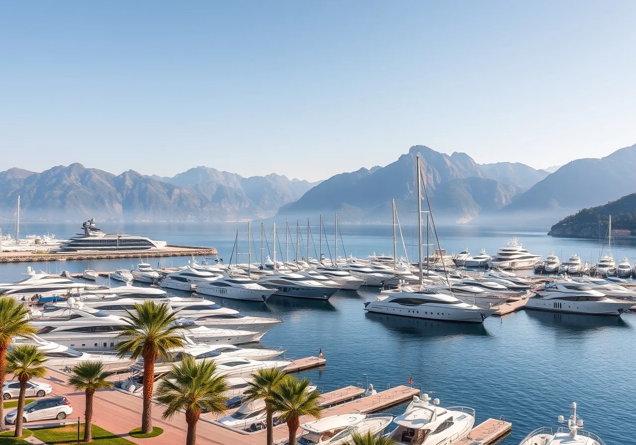 Porto Montenegro v Tivatu, luxusní jachtařská marína s megajachtami a promenádou na jižním břehu Boky Kotorské