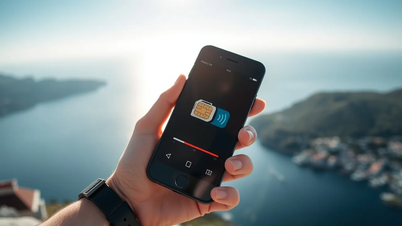 Ruka se smartphonem a SIM kartou, pobřeží Černé Hory v pozadí