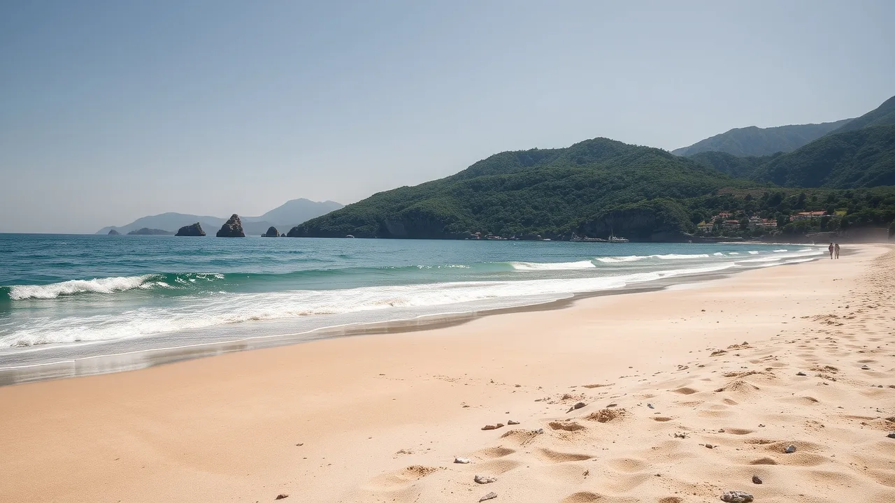 Dlouhá písečná pláž Velika Plaža u Ulcinje na jižním pobřeží