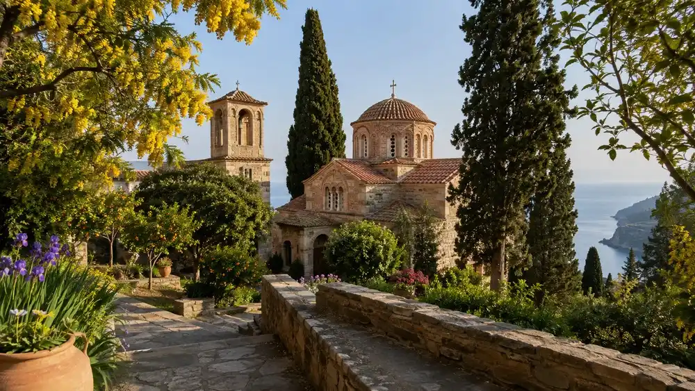 Kostel kláštera Savina mezi cypřiši na svahu nad zálivem u Herceg Novi
