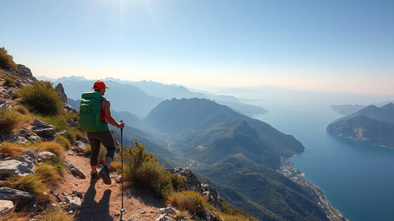 Turista na horské stezce v Černé Hoře s výhledem na Jaderské moře