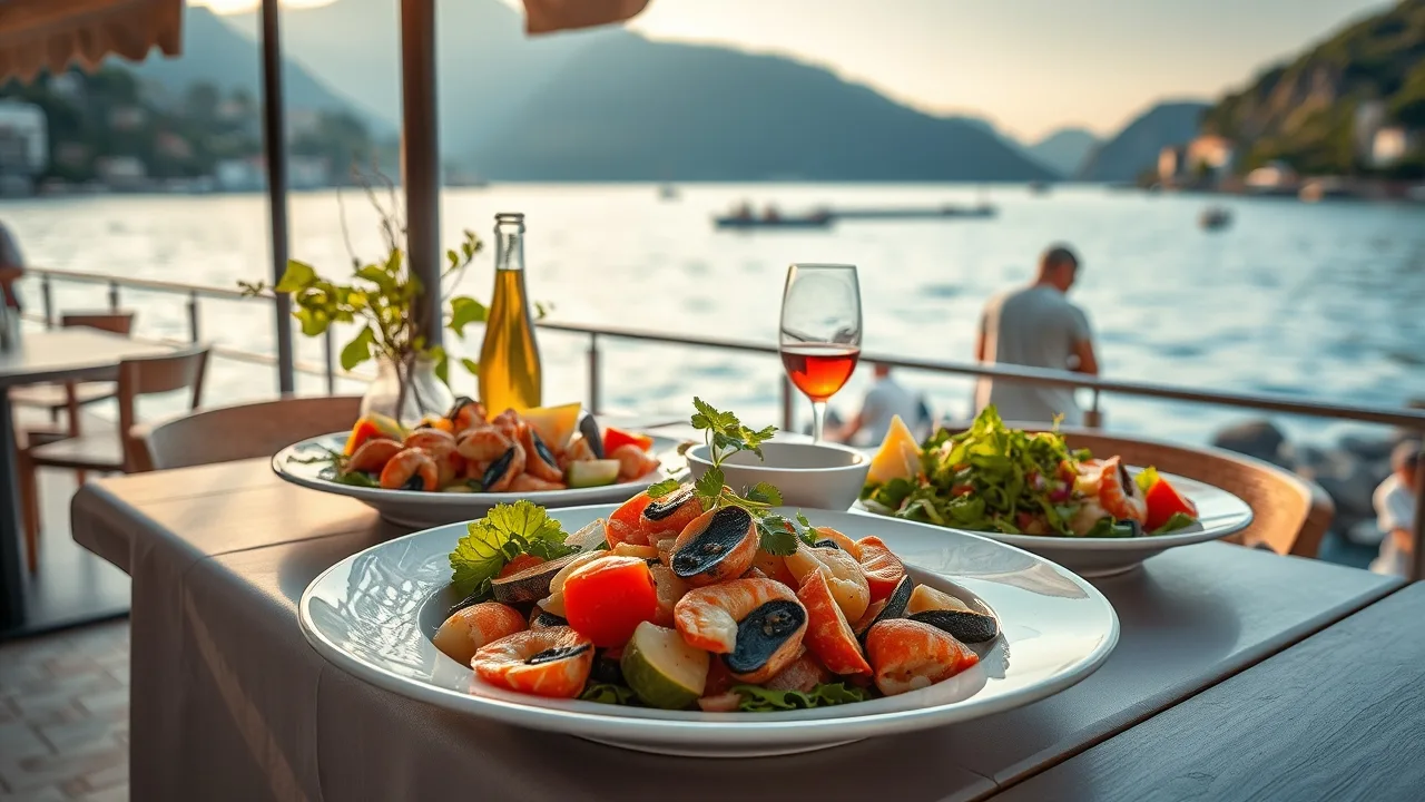 Stůl přímořské restaurace s čerstvými mořskými plody, výhled na moře